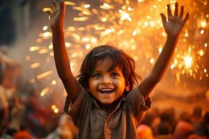 indisk diwali fira med diya belysning. familj, tjejer, barn Allt Lycklig ögonblick. ai generativ foto