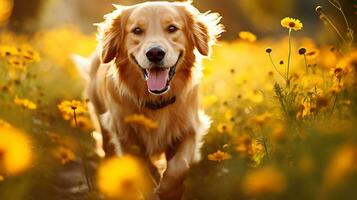 Lycklig gyllene retriever hund på höst natur bakgrund,ai generativ bred webb baner. höst aktiviteter för hundar foto