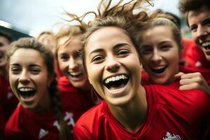 spanska kvinna fotboll spelare fira en seger. ai generativ foto