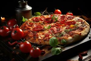 pizza fullkomlighet värld klass ugn bakad glädjer dekoration med toppingsai generativ foto