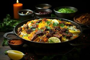 fira indisk kulinariska glädjer med, indisk curry, tandoori fröjder, biryani, gata mat, ljuv flathet. ai generativ foto