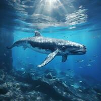 puckelrygg val lekfullt simning i klar blå hav. ai generativ foto