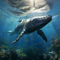 puckelrygg val lekfullt simning i klar blå hav. ai generativ foto