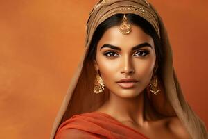 ai genererad studio porträtt av skön indisk kvinna i tillfällig och nationell klänning i annorlunda färger bakgrund foto