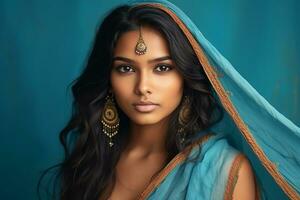ai genererad studio porträtt av skön indisk kvinna i tillfällig och nationell klänning i annorlunda färger bakgrund foto