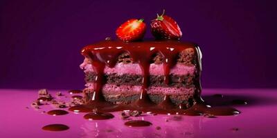 en bit av choklad kaka med smält choklad och jordgubbar på lila bakgrund. generativ ai foto