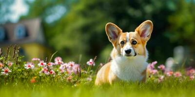 welsh corgi hund på gräs bakgrund. porträtt av söt hund i de parkera. generativ ai foto