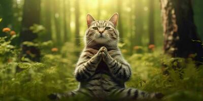en katt mediterar i de skog. katt med namaste utgör. generativ ai foto