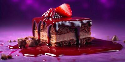 en bit av choklad kaka med smält choklad och jordgubbar på lila bakgrund. generativ ai foto