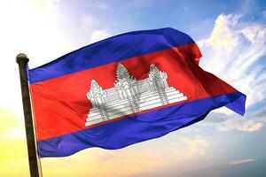 cambodia 3d tolkning flagga vinka isolerat himmel och moln bakgrund foto