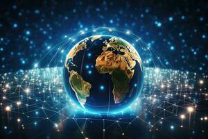 global nätverk förbindelse över planet jord 3d tolkning på mörk blå bakgrund, kommunikation teknologi för internet företag. global värld nätverk och telekommunikation, ai genererad foto
