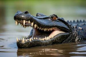 stänga upp av en krokodil i de vatten, kruger nationell parkera, söder afrika, närbild av en svart kajman profil med öppen mun mot defocused bakgrund på de vatten kant, ai genererad foto