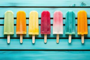 färgrik popsicles på blå trä- bakgrund. topp se med kopia Plats, färgrik isglass is grädde på turkos trä- bakgrund, ai genererad foto