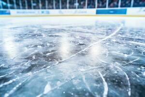 is hockey sport bakgrund, stänga upp av de is på de rink, stänga upp av is i hockey rink, ai genererad foto