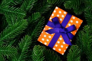 topp se av jul gåva låda på gran träd bakgrund. tid för Semester begrepp med kopia Plats foto