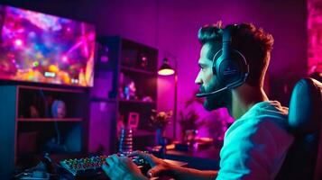 gamer i verkan en man med hörlurar och en mikrofon spelar uppkopplad spel i en gaming rum ai genererad foto