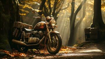 motorcykel i de skugga en lugn scen av naturer omfamning ai genererad foto