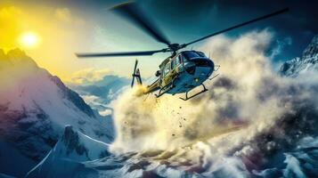 helikopter Turné över de snöig vildmark ett alpina äventyr ai genererad foto