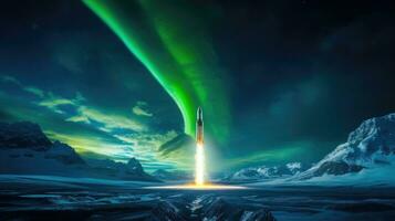 illustration av hisnande liftoff av en Plats uppdrag i en nordlig lampor landskap ai genererad foto