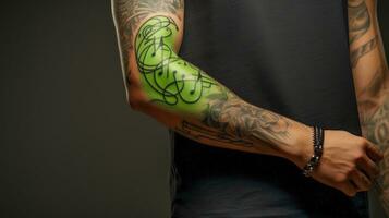 ung grabbar ärm med underbar musikalisk anteckningar tatuering ai genererad foto