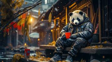 en söt panda i en urban kamouflage kostym och en basker äter bambu i de gata ai genererad foto
