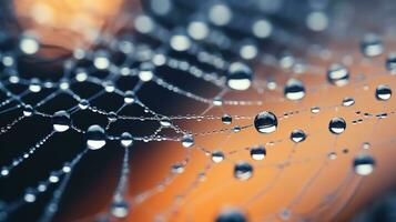 regnig dag skönhet en närbild av vatten pärlor på en spindlar webb ai genererad foto
