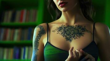 kropp konst tatuerade kvinna med feminin och estetisk mönster på hud ai genererad foto