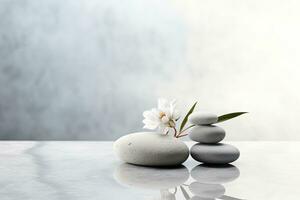 spa fortfarande liv med zen stenar och vit orkide blomma, skön sammansättning med spa stenar på vit marmor tabell, ai genererad foto