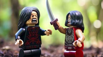 LEGO krigare slåss i en våldsam episk duell ai generativ foto