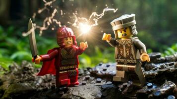 LEGO krigare slåss i en våldsam episk duell ai generativ foto