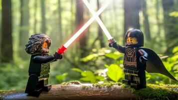 LEGO krigare slåss i en våldsam episk duell ai generativ foto