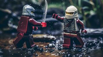 LEGO krigare slåss i en våldsam episk duell ai generativ foto