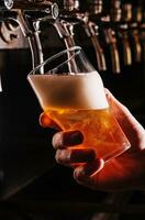närbild av bartender hand på öl kran häller en förslag lageröl öl foto