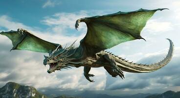 fantasi drake. våldsam monster. ond drake flygande i de luft. digital illustration foto