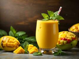 färsk gul mango smoothie i en glas med sugrör färsk frukt och mynta sommar tropisk dryck generativ ai foto