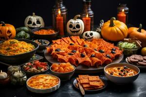 halloween behandla och mellanmål. skrämmande middag fest. utsökt höst måltider på tabell. nachos med ost sås, pasta, julienne och Övrig mat. ai genererad foto