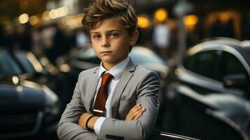 porträtt av en pojke i en företag kostym på en bakgrund av bilar. stor liten chef. foto