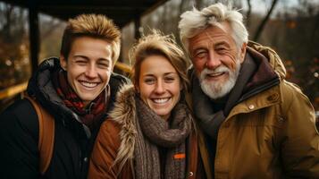 porträtt av en Lycklig flera generationer familj av tre leende på de kamera. farfar och döttrar. foto