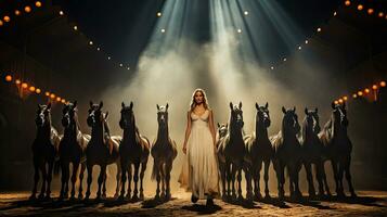 skön flicka i en lång vit klänning med hästar på de bakgrund av de skede. foto