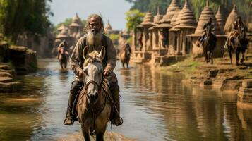 en gammal indisk man rider en åsna genom de flod i Indien. foto