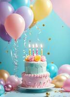 födelsedag kaka och ballonger Foto bakgrund ai generativ