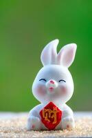 tre söt kinesisk kaniner docka innehav en röd pengar väska och leende med grön natur suddig bakgrund. härlig kanin karaktär mönster för mitten höst festival, år av de kanin 2023, och påsk foto