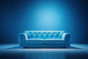 modern minimalistisk interiör med blå soffa på en blå Färg vägg bakgrund. foto
