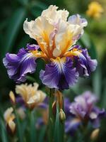 skön iris blomma i de trädgård generativ ai foto