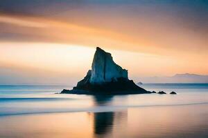en sten bildning i de hav på solnedgång. ai-genererad foto