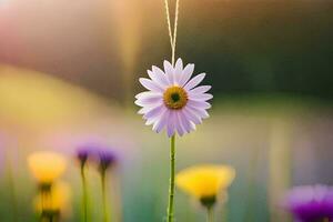en enda daisy blomma är stående i de mitten av en fält. ai-genererad foto