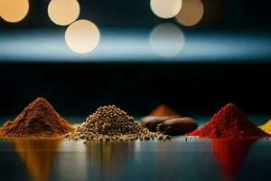 olika kryddor och kryddor på en tabell. ai-genererad foto