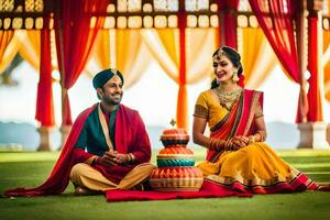 indisk bröllop par Sammanträde på de gräs. ai-genererad foto