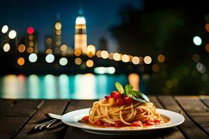 spaghetti med tomat sås och basilika på en tallrik. ai-genererad foto