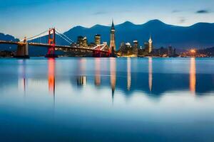 de stad horisont och bro på skymning i hong kong. ai-genererad foto